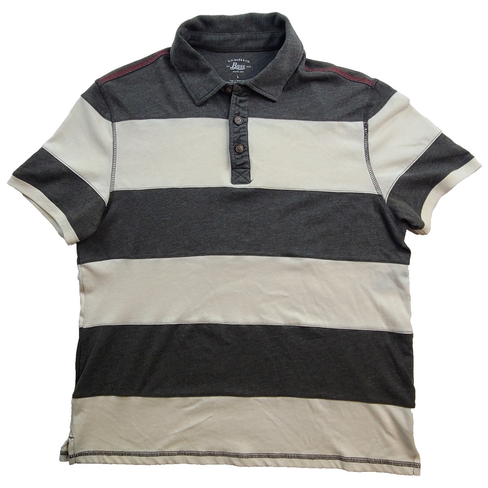 G.H. Bass & Co. Polo Shirt Adult Large Cream Grey Big Stripes Button Rugby Mens.
